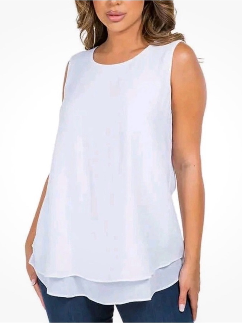 Sleeveless White Layered Chiffon Blouse -
